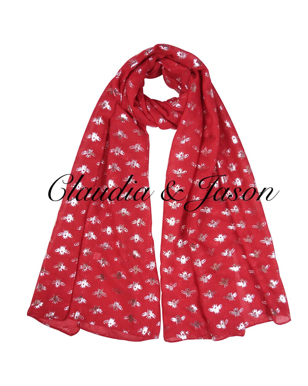 Glitter Silver Bees Printed Scarf Claudia & Jason Scarfs Red 